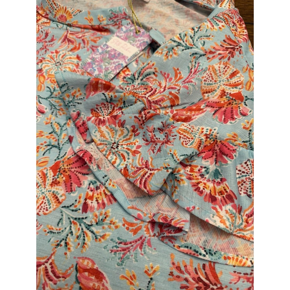 Stella Parker Collection Blue Floral Round Neck Ruffle Sleeve Blouse XL NWT - Picture 5 of 7